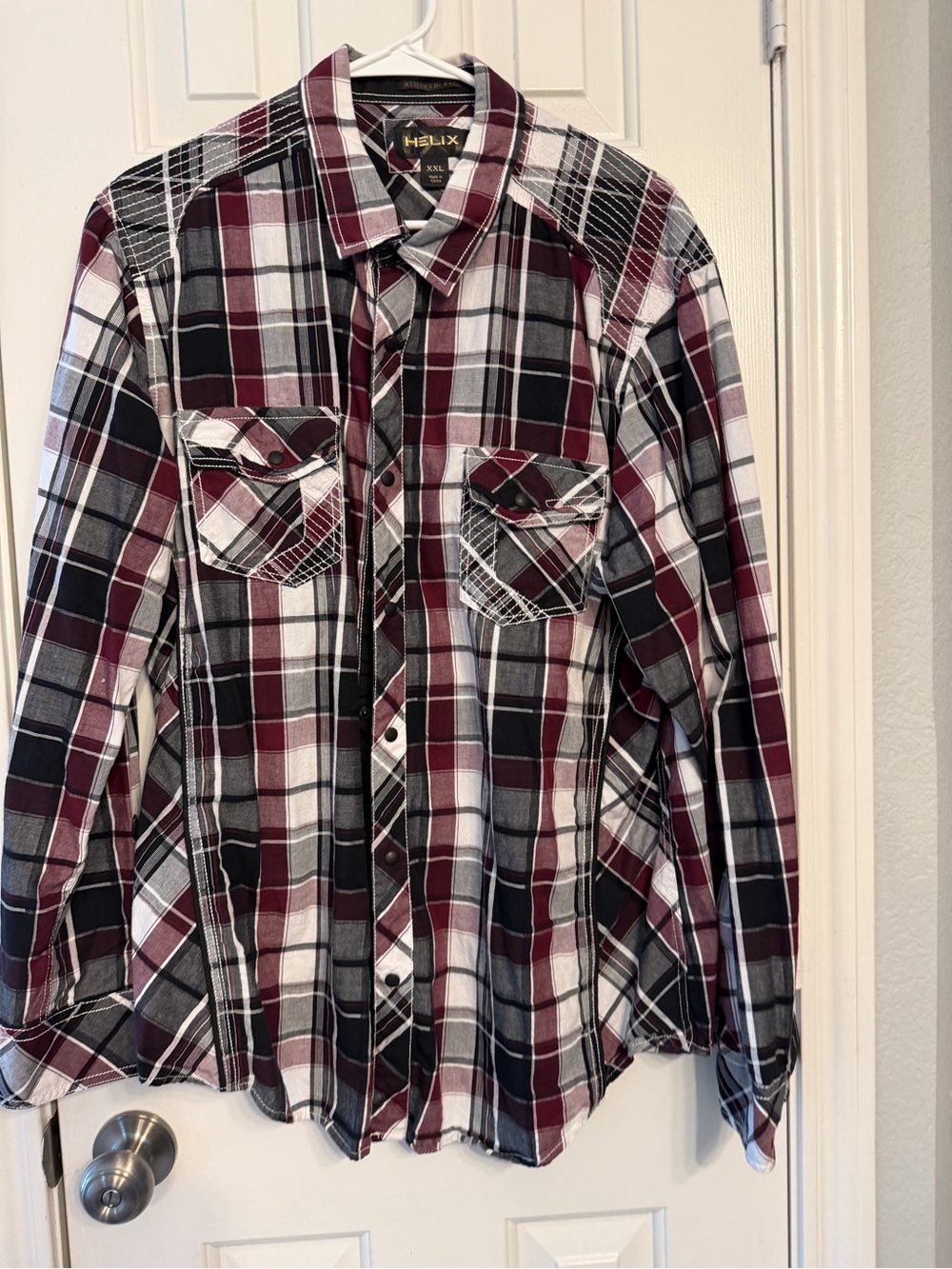 Helix Men's Burgundy Black White Plaid Casual Button-Down Shirt